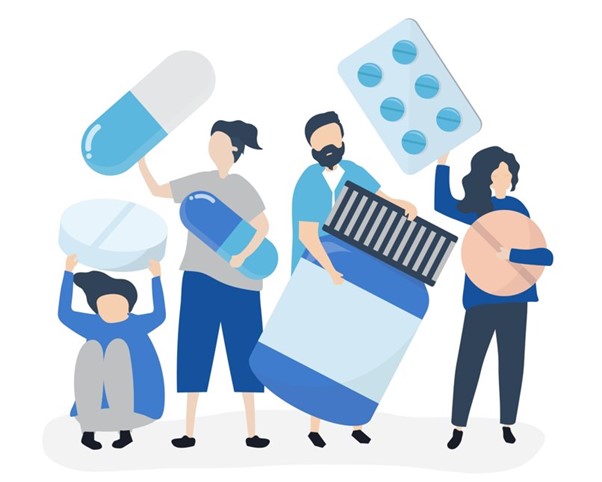 Cartoon image of a group of people holding various medications