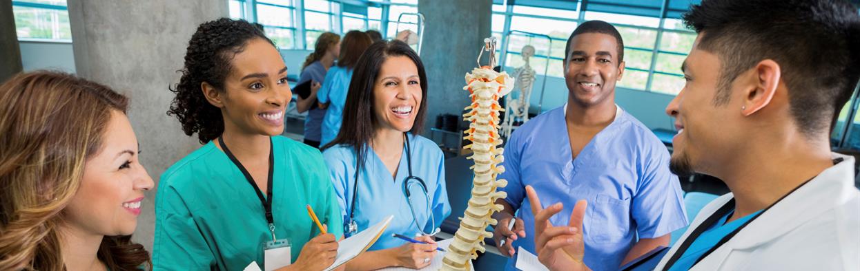 College professor teaching medical and nursing students with spine model
