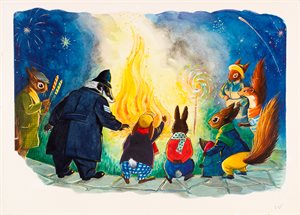 Illustration of rabbits around a campfire