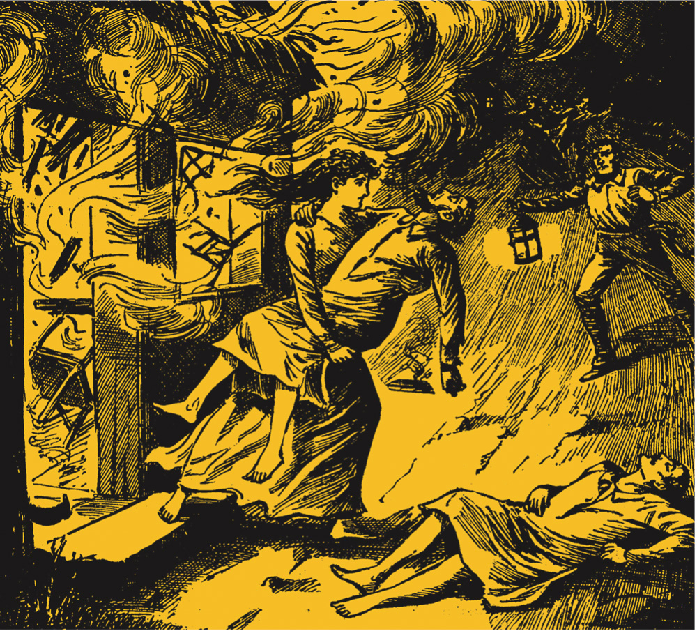 Newspaper image of a lady carrying a man out of a burning building
