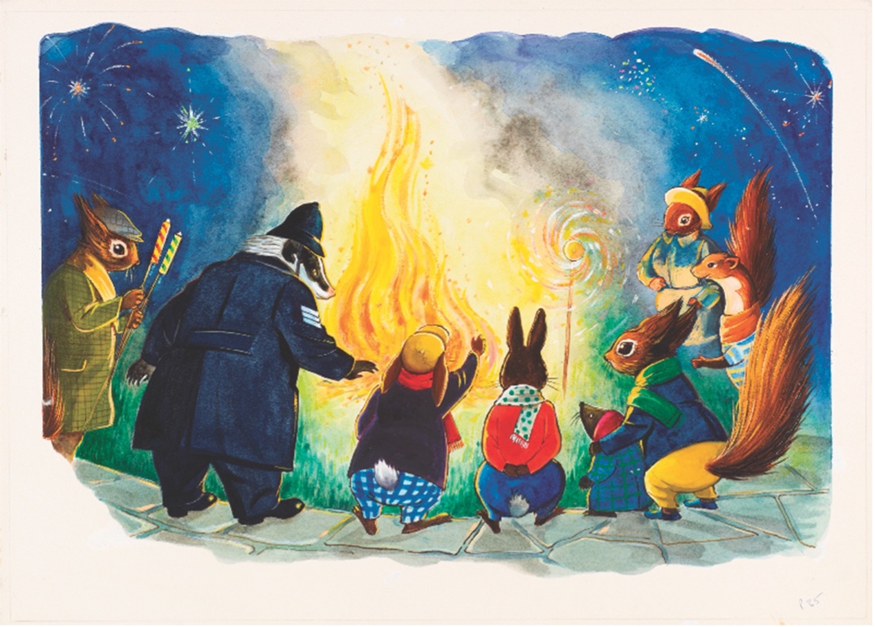 Tufty the Squirrel and his furry friends by a bonfire