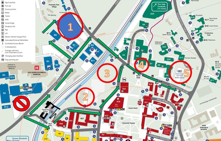 Parking with number 1 car park located at Pritchetts Road, number two car park located at University Road West opposite the Murray Learning Centre, Car park number 3 is opposite is opposite Pritchatts road, car park 4 is next to Metallurgy and Materials a