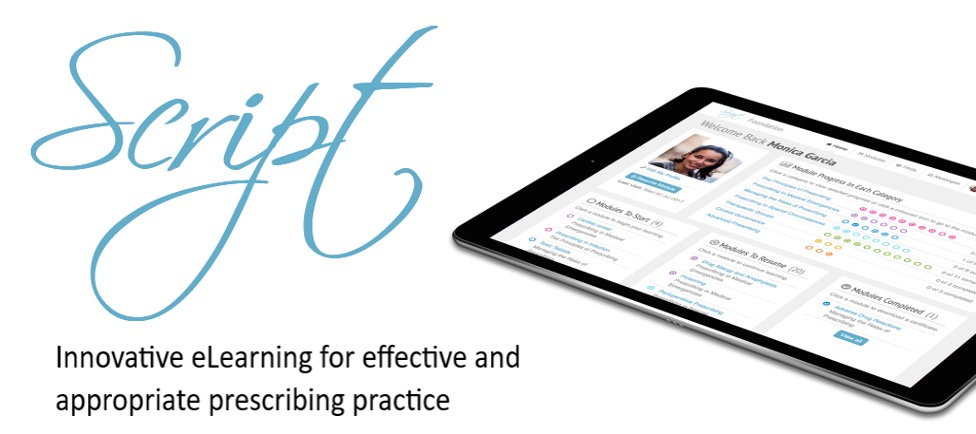 SCRIPT - Innovative e-learning for effective and appropriate prescribing practice logo with iPad with the SCRIPT website next to the logo