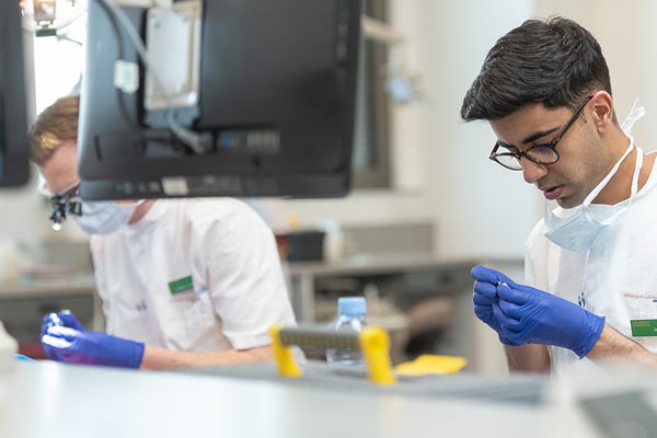 Two male dental students working on mouth models