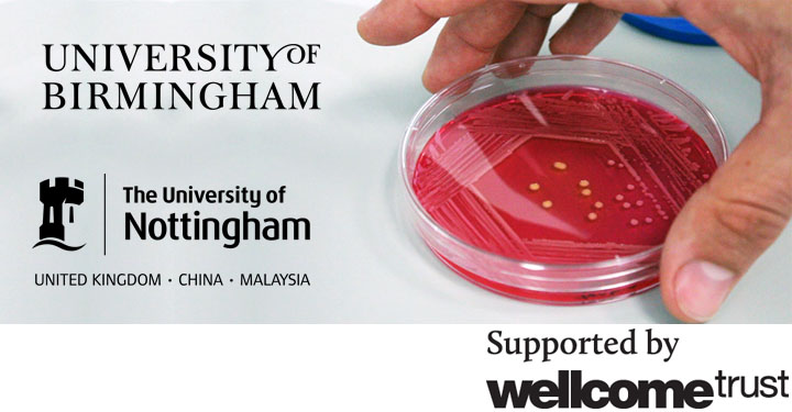 Logos for University of Birmingham, The University of Nottingham and Wellcome Trust