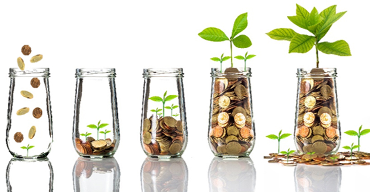 Four glass jars filled, from the left, with increasing amounts of money and a plant gradually growing  