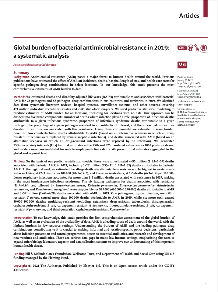 2019 Article: Global burden of bacterial antimicrobial resistance in 2019: a systematic analysis.
