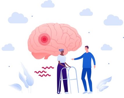 Animated image of a doctor and elderly patient using a walker with a large human brain in the background, displaying the concept of brain inflammation.