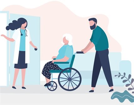 Animated image of male individual pushing an elderly woman in a wheelchair to a doctor's appointment