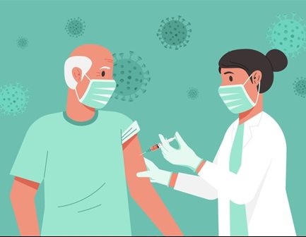 Animated image of female doctor injecting vaccine syringe in an older man's arm