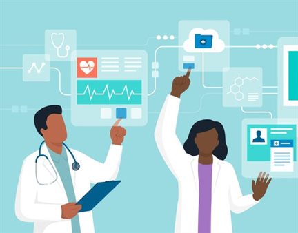 Animated image of doctors interacting with digital interfaces and checking health data