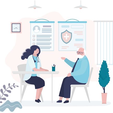 Animated image of an elderly man sitting in a medical office at a table opposite a doctor having a consultation