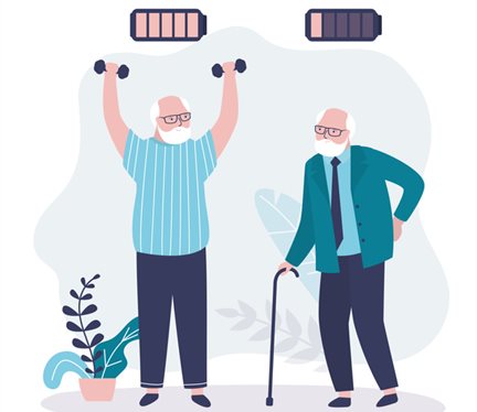Animated image of two elderly men standing side by side. Elderly man on the right looks exhausted and holding his lower back in pain and is using a walking stick. Elderly man on the left is standing upright and lifting dumbbells above his head.