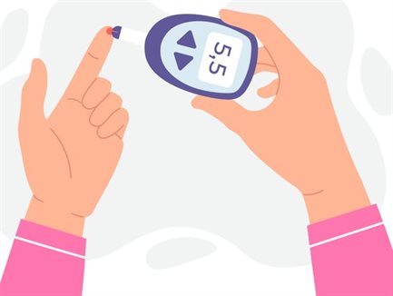 Animated image of hands holding a glucose meter measuring their blood sugar levels using the finger stick.