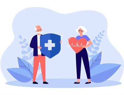 Animated image of an elderly couple holding a protection shield and heart