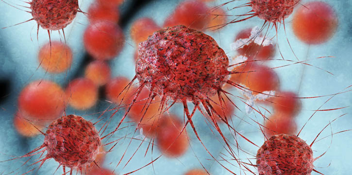 Illustration of a cancer cell in red on a blue background