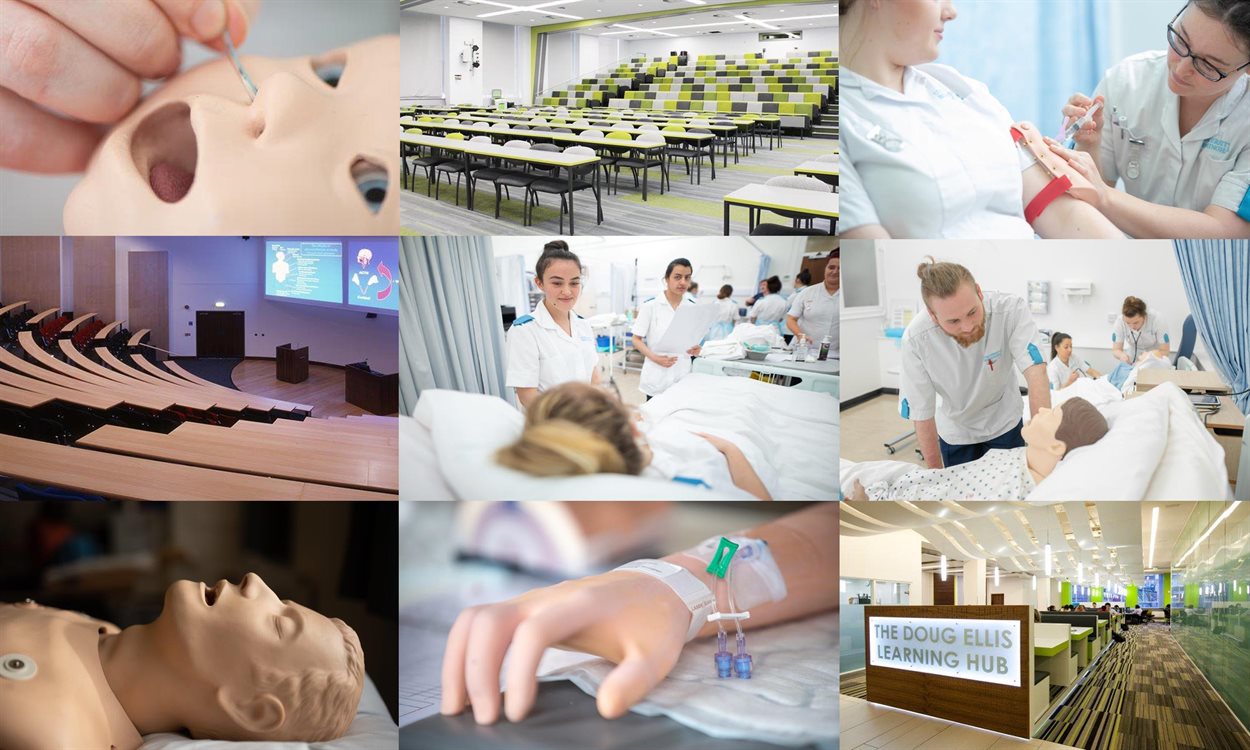 Top row: child dummy, lecture theatre, one female nurse giving the other a cannula. Second row lecture theatre, and two images of the clinical skills suite, one respiratory dummy, one cannula dummy and the Doug Ellis Learning Centre
