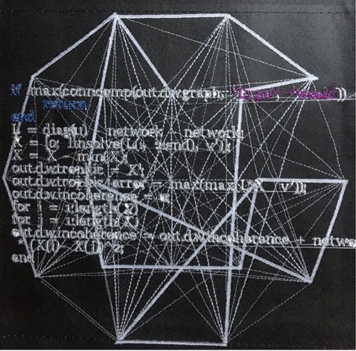 Embroidered lines of code on photocopy of embroidered neural network epoch 
