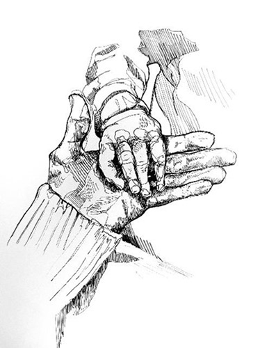 A fine-line pen sketch of two hands clasping each other.