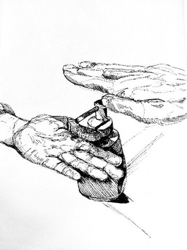 A fine-line pen sketch of a pair of hands pressing down on a bottle pump dispenser.