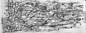 Close up of Simons art – a complex pencil drawing in black and white