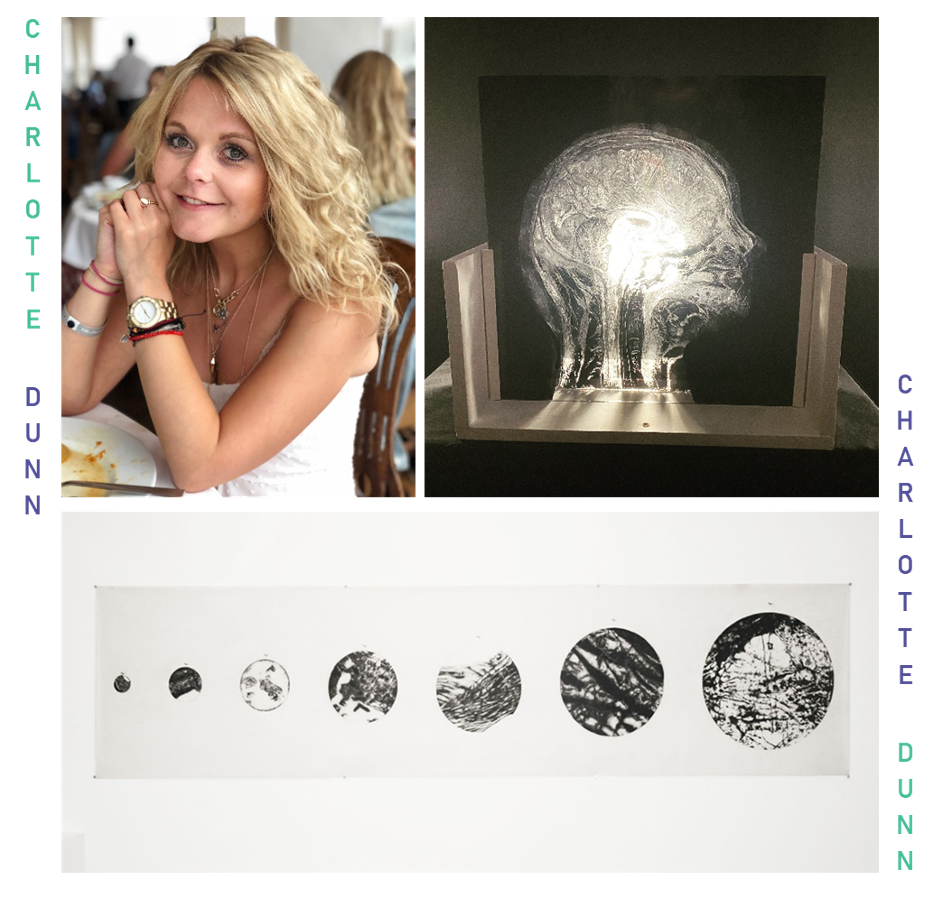 Variety of artwork and an image of Charlotte Dunn