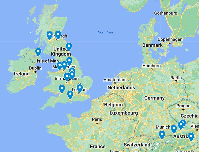 Map of UK and Austrian sites participating in the GHD Reversal Trial