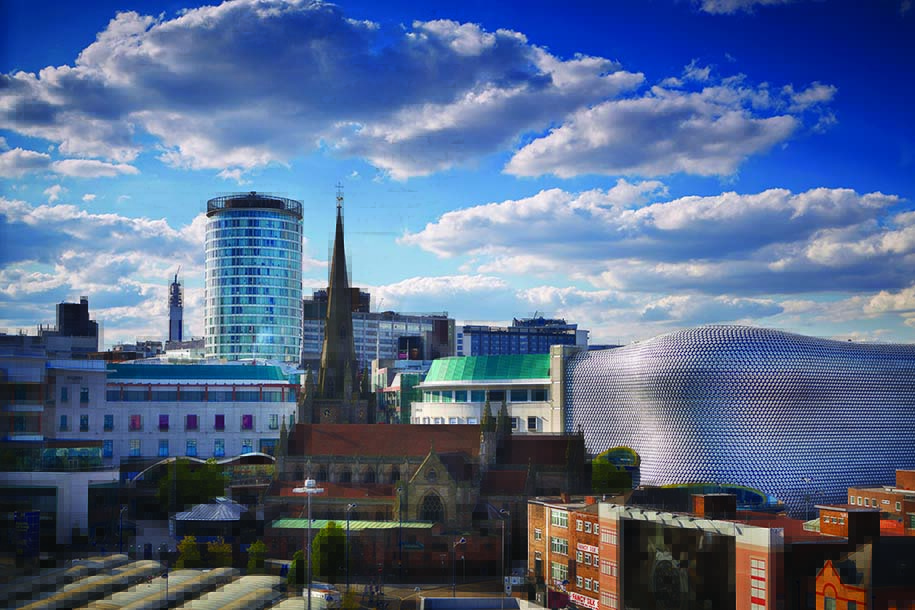 Birmingham city, with the Selfridges building, St Martin in the Bull Ring and the Rotunda visible