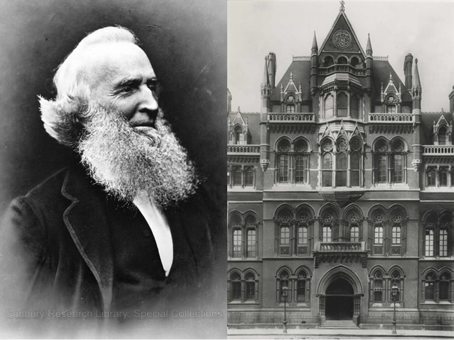 Josiah Mason (left) and front exterior of Mason College circa 1880 (right).