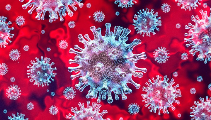 Graphic illustration showing multiple blue coronavirus against a red background.