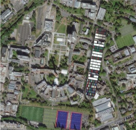 Air view comparison of the Ever Given ship's size in relation to University of Birmingham Edgbaston campus
