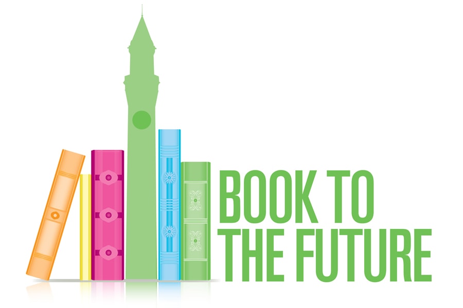 Logo for Book to the Future - a bookshelf including the University of Birminghams' clock tower in the middle