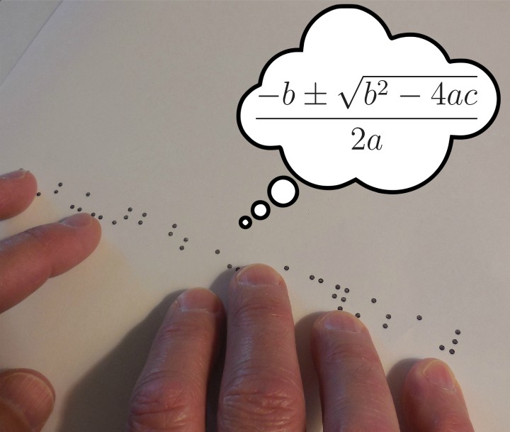Person's fingers touching embossed Braille dots on a page, with a complex equation in a speech bubble.