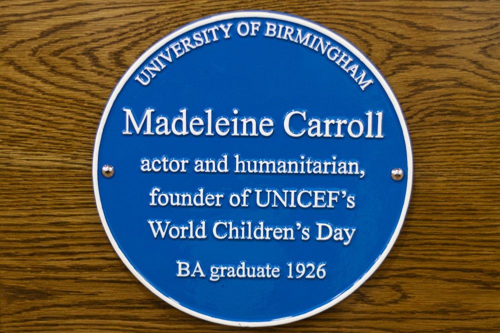 Blue Plaque of Madeleine Carroll, actor and humanitarian and Founder of Unicef's World Children's Day