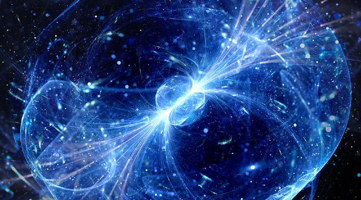 Blue digital image of a gravitational wave on black background
