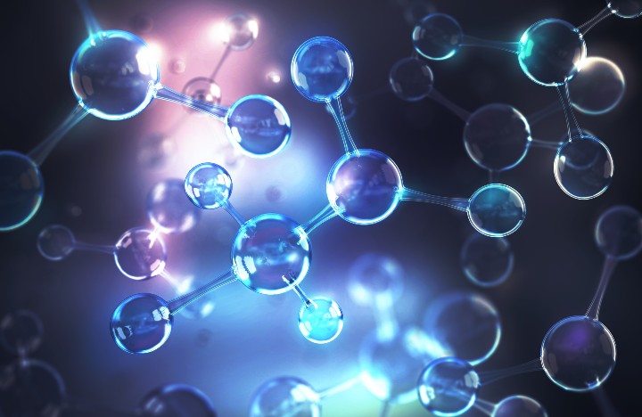 representation of molecules on blue and purple background