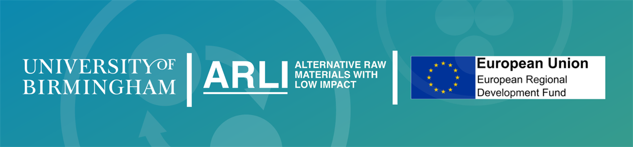 ARLI Website Banner with Recycling Icons in background - University of Birmingham - ARLI Alternative Raw Materials with Low Impact - European Union ERDF (European Regional Development Fund) logo