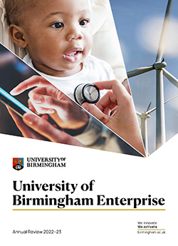 Front cover of the UoB Enterprise Annual Review for 2022-23, showing a wind farm, a baby having a health check and a person using a mobile phone.