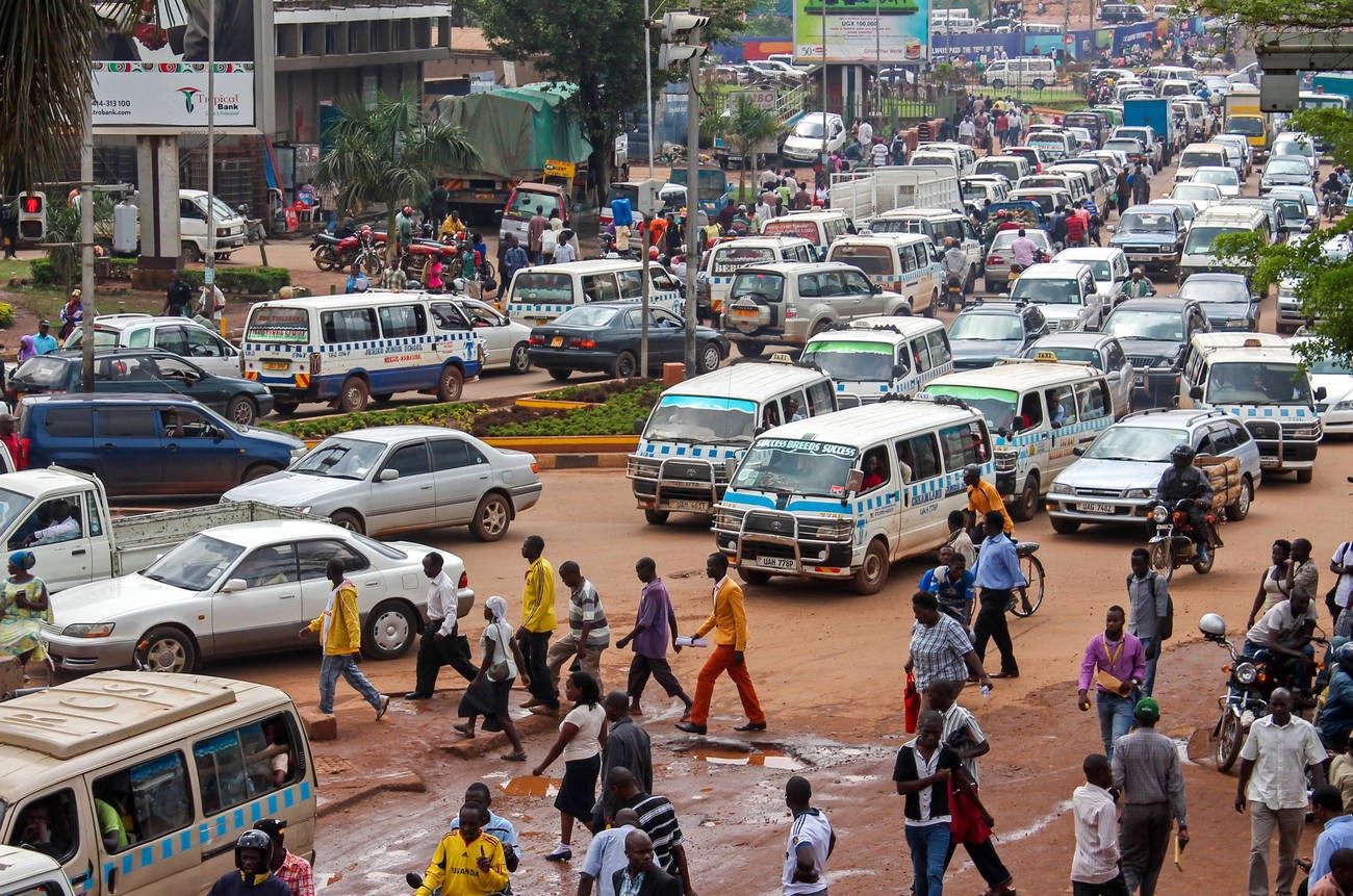 Six lanes of heavy traffic in Kampala, Uganda