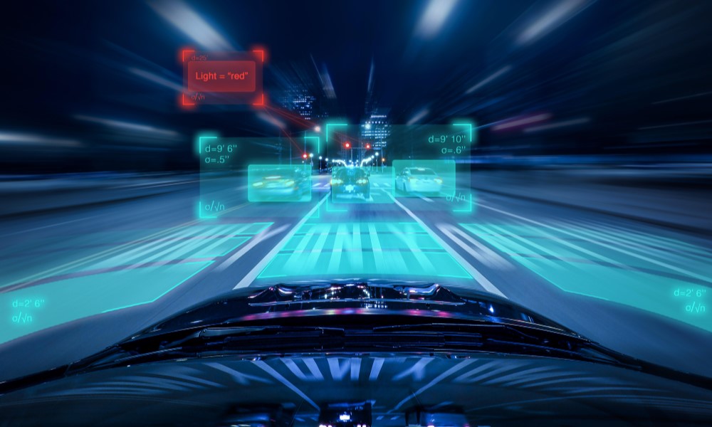 Futuristic driverless car evaluating upcoming traffic