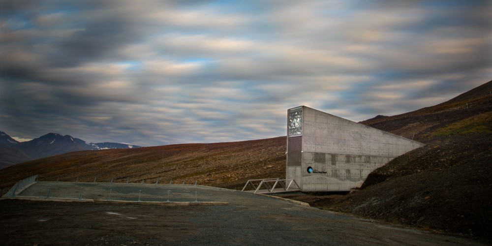 Exterior shot of the Svalbard Global Seed Vault on the mountainous Norwegian island of Spitsbergen
