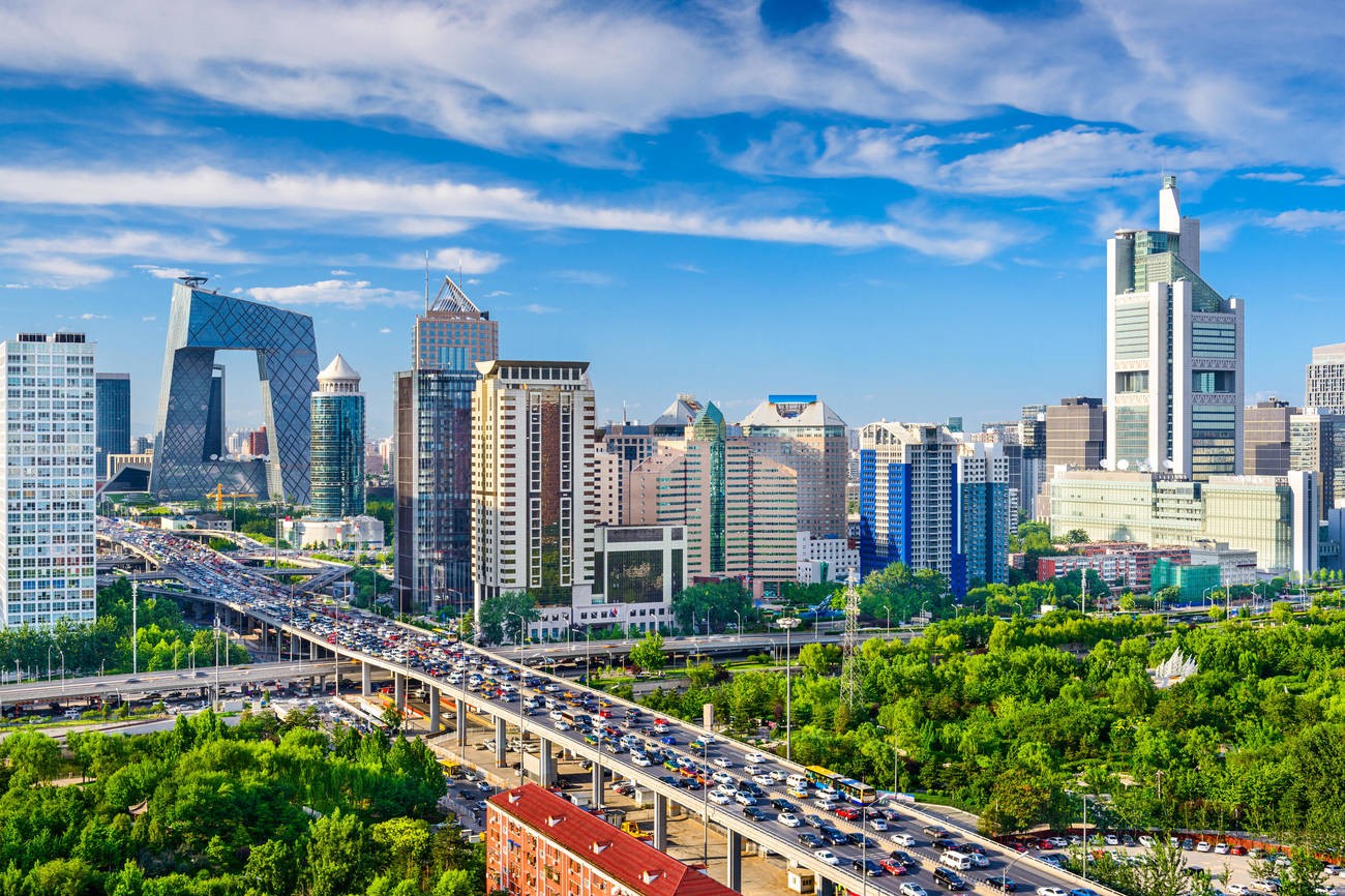 Beijing city centre skyline with bright blue sky