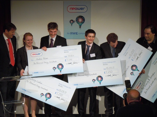 A team of undergraduates from the University of Birmingham show off their awards after winning nPower’s Energy Challenge