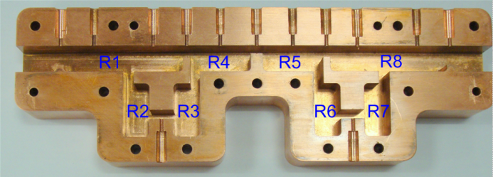 Half of the X-band waveguide filter showing the resonators R1-R8