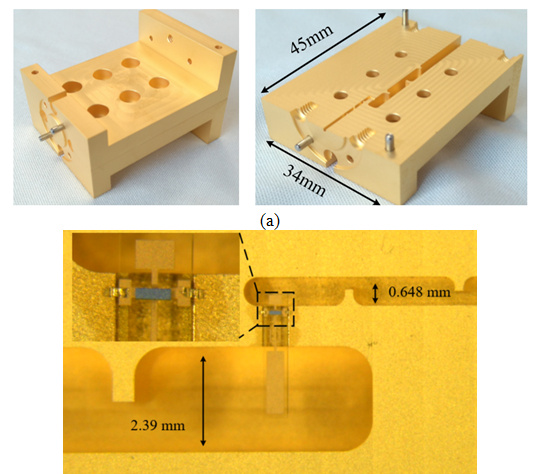 Photographs of the fabricated tripler. (a) tripler block. (b) Enlarged view of the microstrip circuit area