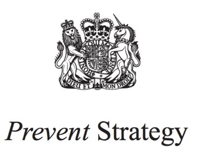 Royal coat of arms of the United Kingdom with the words 'Prevent Strategy' underneath