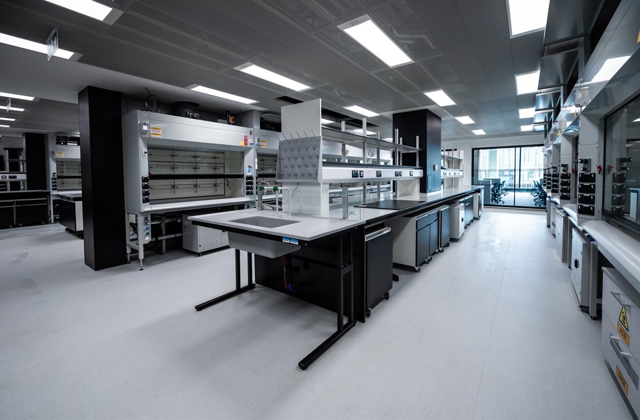 A brand new laboratory in the Molecular Sciences Building fitted out with lab equipment and storage