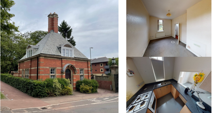 Three images showing Bristol Road Lodge. One shows the exterior, a square red-brick building at University Southgate on the Edgbaston Campus. The other two images show snapshots of the interior of the building as it looks at the moment (unused).