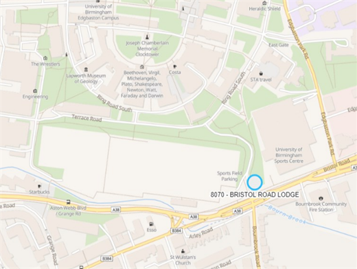 Map showing the location of Bristol Road Lodge, which shows that the property is located at the south gate of the University of Birmingham's Edgbaston campus on the Bristol Road