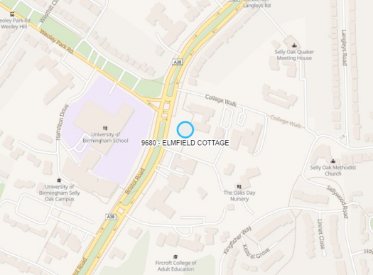 Map showing the location of Elmfield Cottage which shows that the property is located on the University of Birmingham's Selly Oak campus, set back from Bristol Road